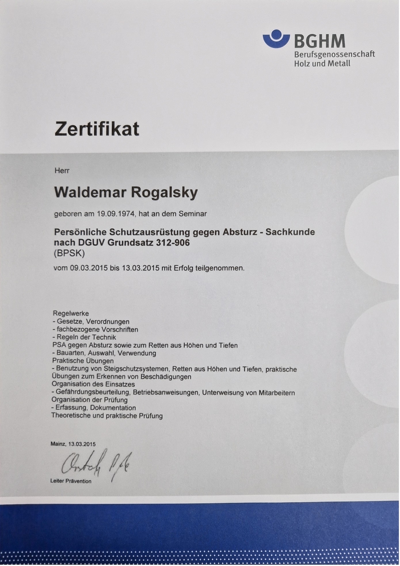 Zertifikat Persönliche Schutzausrüstung gegen Absturz (BPSK)